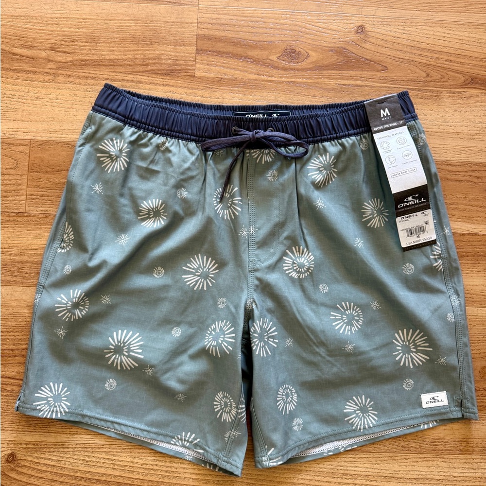 O'Neill Men's Blue-Green Floral Burst Lined Swim Trunks 17”